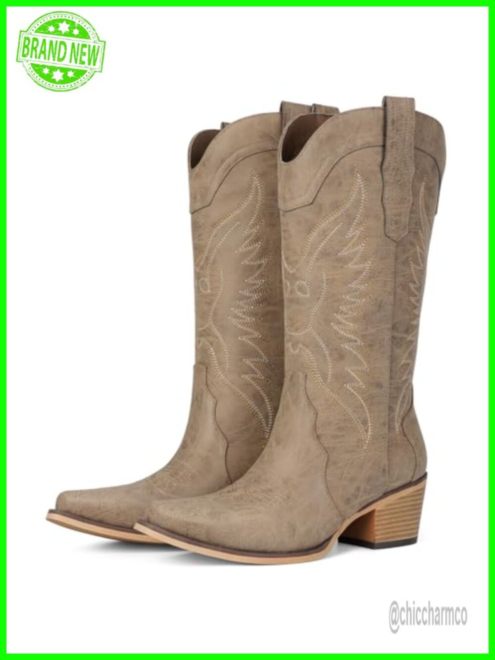 Cowgirl Boots Pointed Toe Mid Calf Chunky Heel Faux Leather